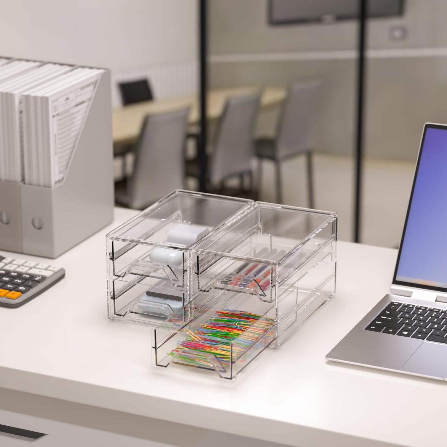 Clear Acrylic Desktop Organizer Drawers - Stackable Plastic Storage for Makeup, Craft Supplies, and Office Stationery - Transparent Vanity Cabinet & Aesthetic Desk Declutter Unit