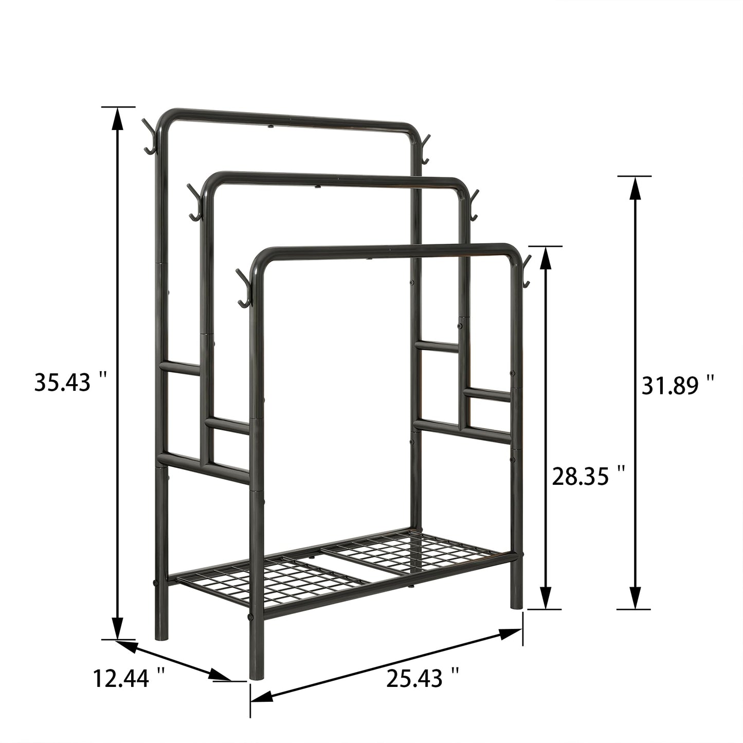 VERFARM Freestanding Towel Rack, 3 Tier Towel Rail Metal Towel Holder Drying Stand with Storage Shelf, Blanket Holder, 6 Hooks, for Bathroom Accessories Organizer, Bath & Hand Towels Storage, Black