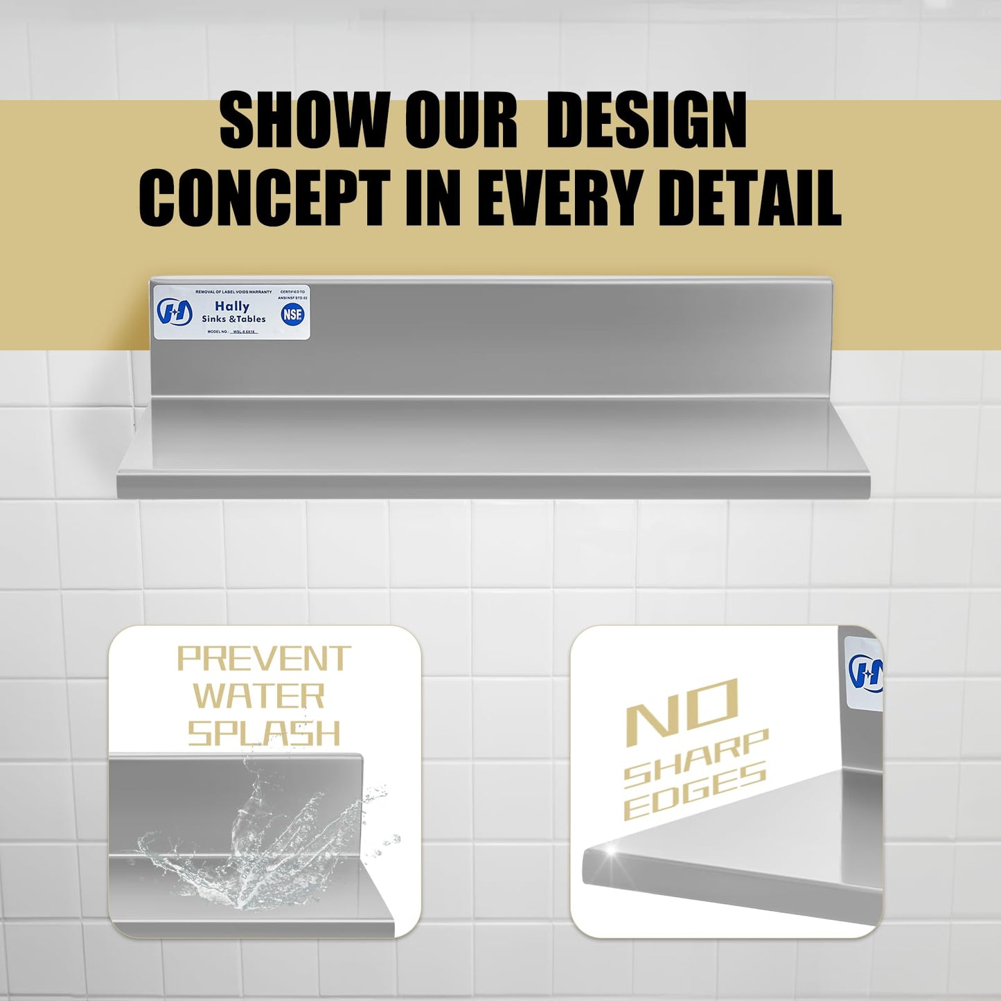 Hally Stainless Steel Wall Shelf 2 Pack 8 6” x 16” Wall Mounted Shelf with 3" Backsplash, Metal Floating Shelf, Spice Rack Wall Mount, Heavy Duty Kitchen Shelf for Restaurant, Bathroom,Utility Room