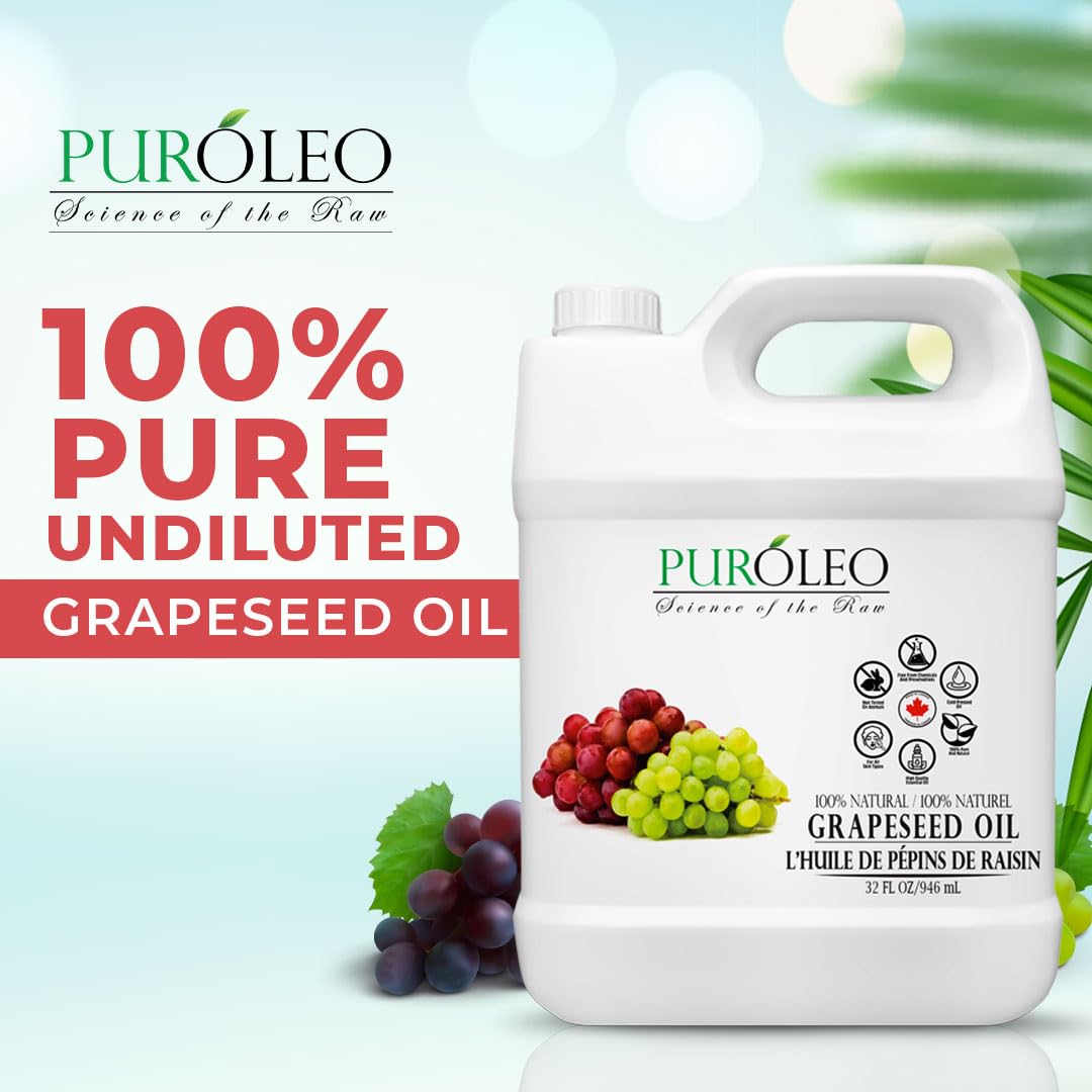 PUROLEO Grapeseed Oil 32 Fl Oz/946 ML (Packed IN CANADA) | Pure Moisturizer Carrier Oil massage oil baby oil hair oil body oil baby oil hair care Oil for hair | Beauty & DIY blend 100% Natural