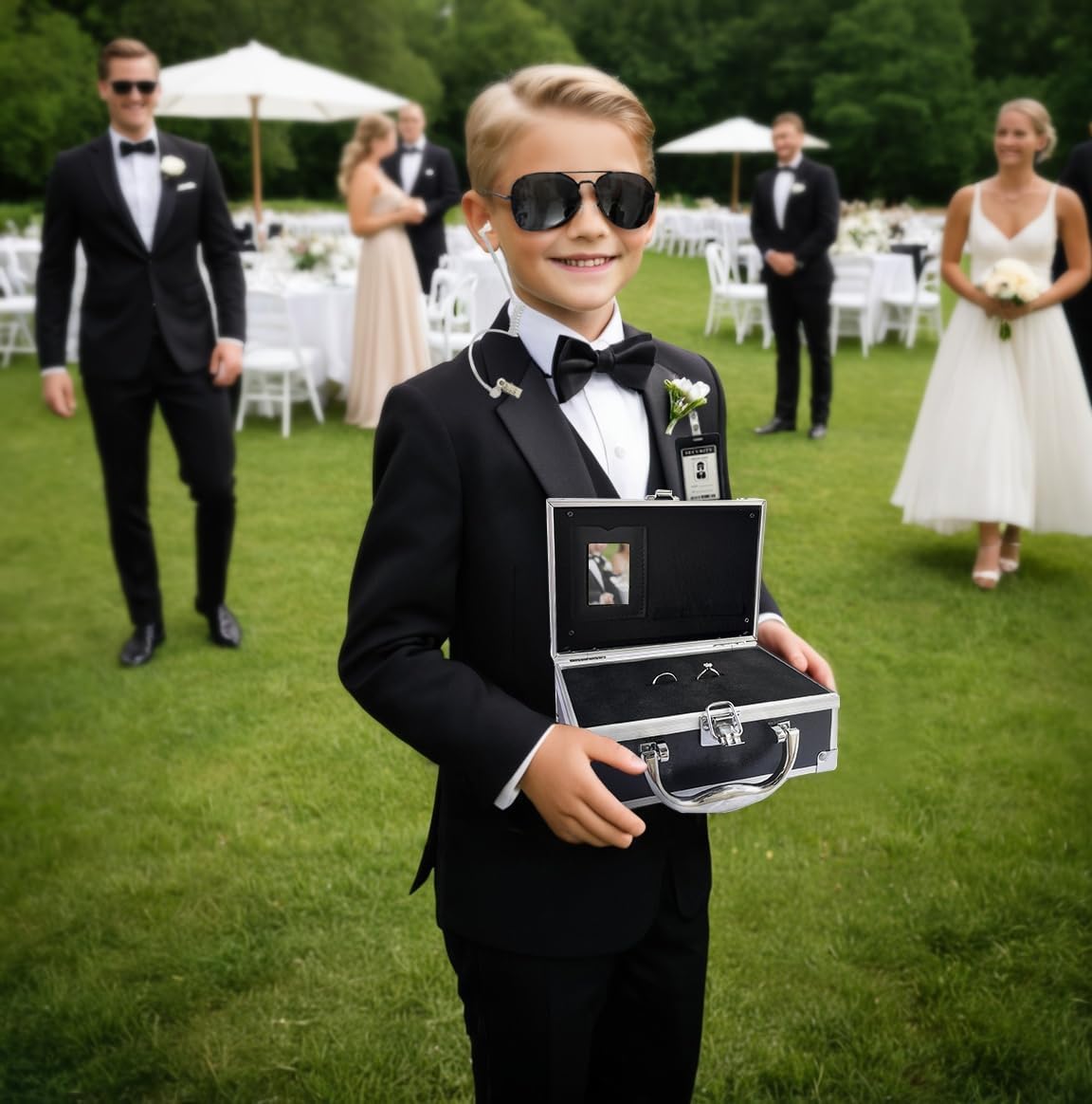 COSLANLEE Ring Security Wedding Ring Bearer Box With Rings Holder Pad, 7PCS Ring Security Box Ring Bearer Proposal Gifts Set with Boys Glasses, Earpiece, Badge, Bow Tie, Mission Card for Ceremony