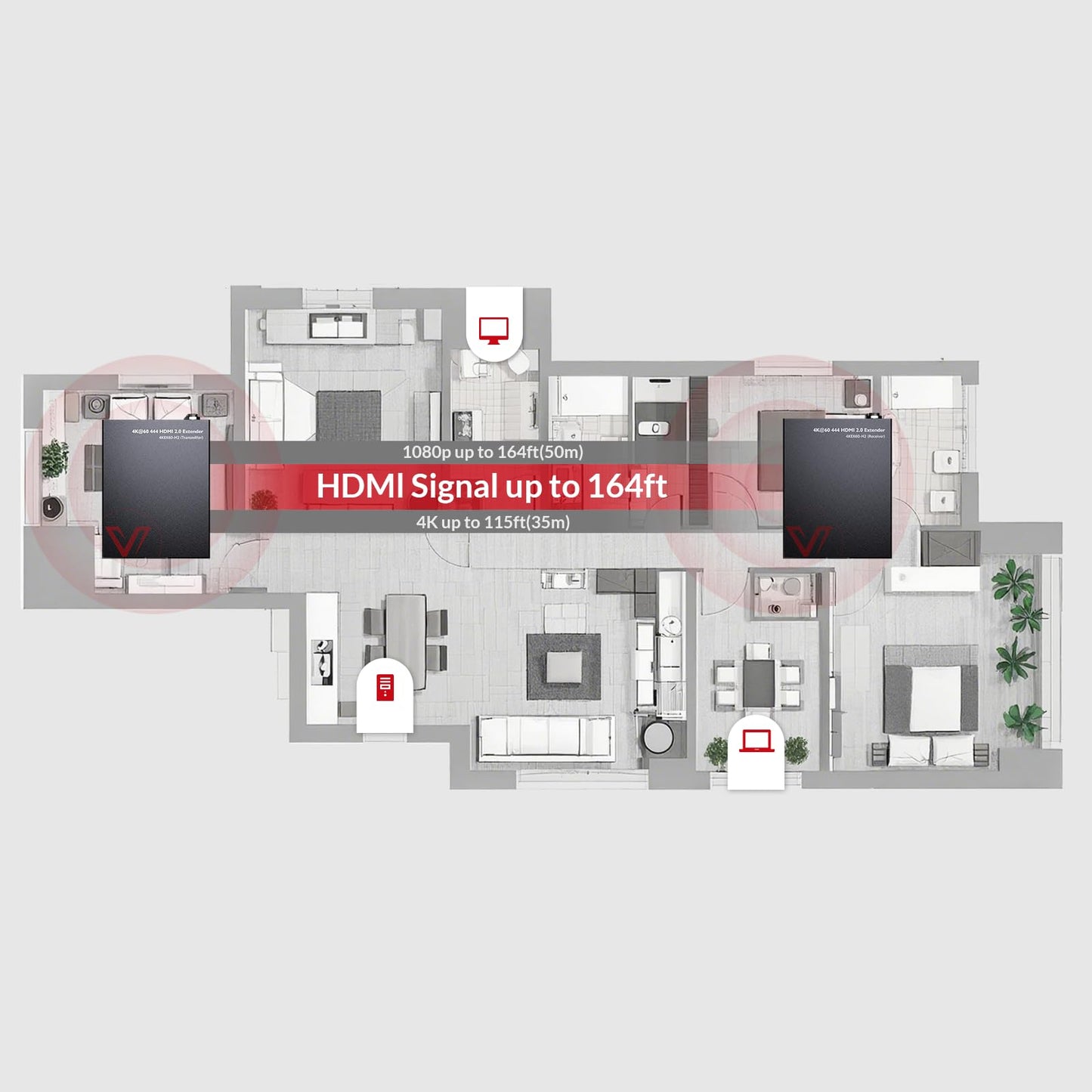 AV Access 4K HDMI 2.0 Extender Over Single Cat6/6a/7, 4K@60Hz up to 115ft, 1080P up to 164ft, HDR10+, YUV4:4:4, 3D, HDCP 2.2 18Gbps Zero Latency, Plug & Play, IR Return + PoC + CEC, Smart EDID
