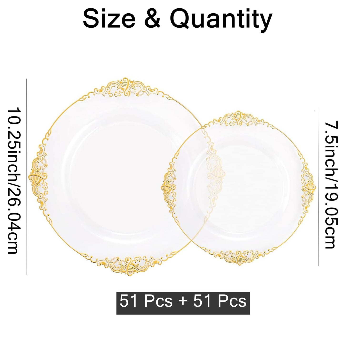 51 Set Clear Plastic Plates with Gold Rim, 10 Inch Dinner Plates and 7.5 Inch Dessert Plates for Wedding, Christmas, Shower, Gathering