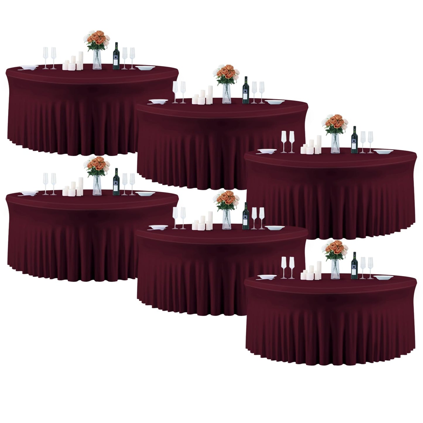 6 Pack Burgundy Tablecloths for Round Table, 60 Inch Round Tablecloth Fabric, Fitted Table Covers for 5 FT Circle Tables for Wedding Birthday Photography Themed Party Banquet Holidays Red Party Decor