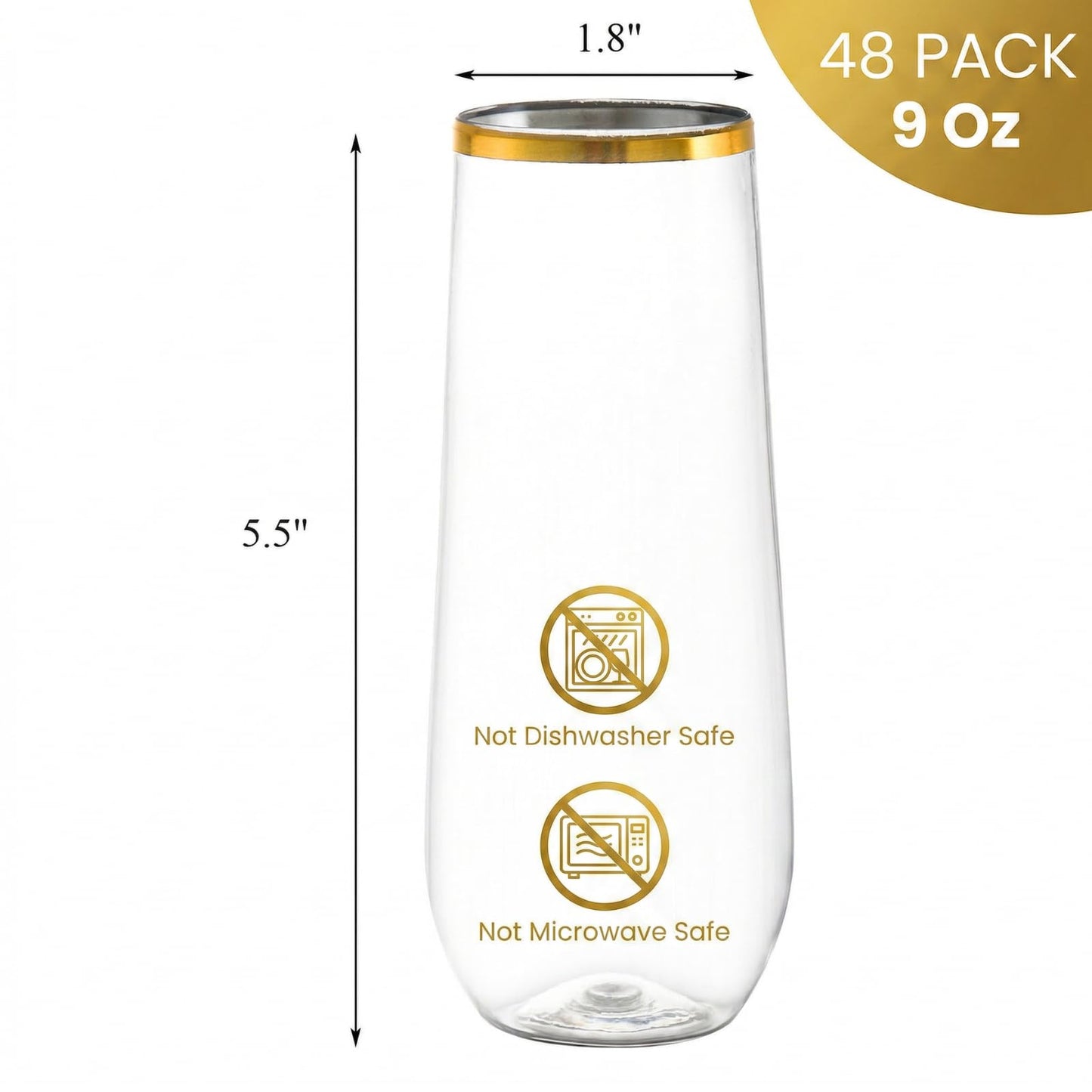 Hacaroa 48 Pack Plastic Stemless Champagne Flutes, 9 Oz Clear Toasting Glasses Highball Cups BPA-Free, Disposable Mimosa Glasses for Wine, Cocktail, Bar, Party, Wedding, Shatterproof, Gold Rim