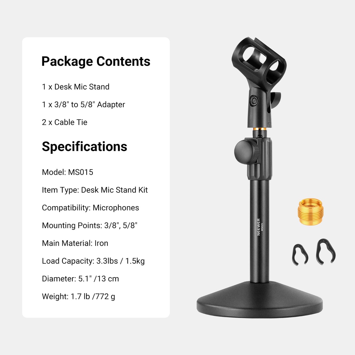 NEEWER Desk Microphone Stand, Adjustable Table Top Mic Holder Mount with Clip and 3/8" to 5/8" Adapter Compatible with Blue Yeti Snowball HyperX QuadCast SoloCast Shure, Max Load 3.3 lbs, MS015