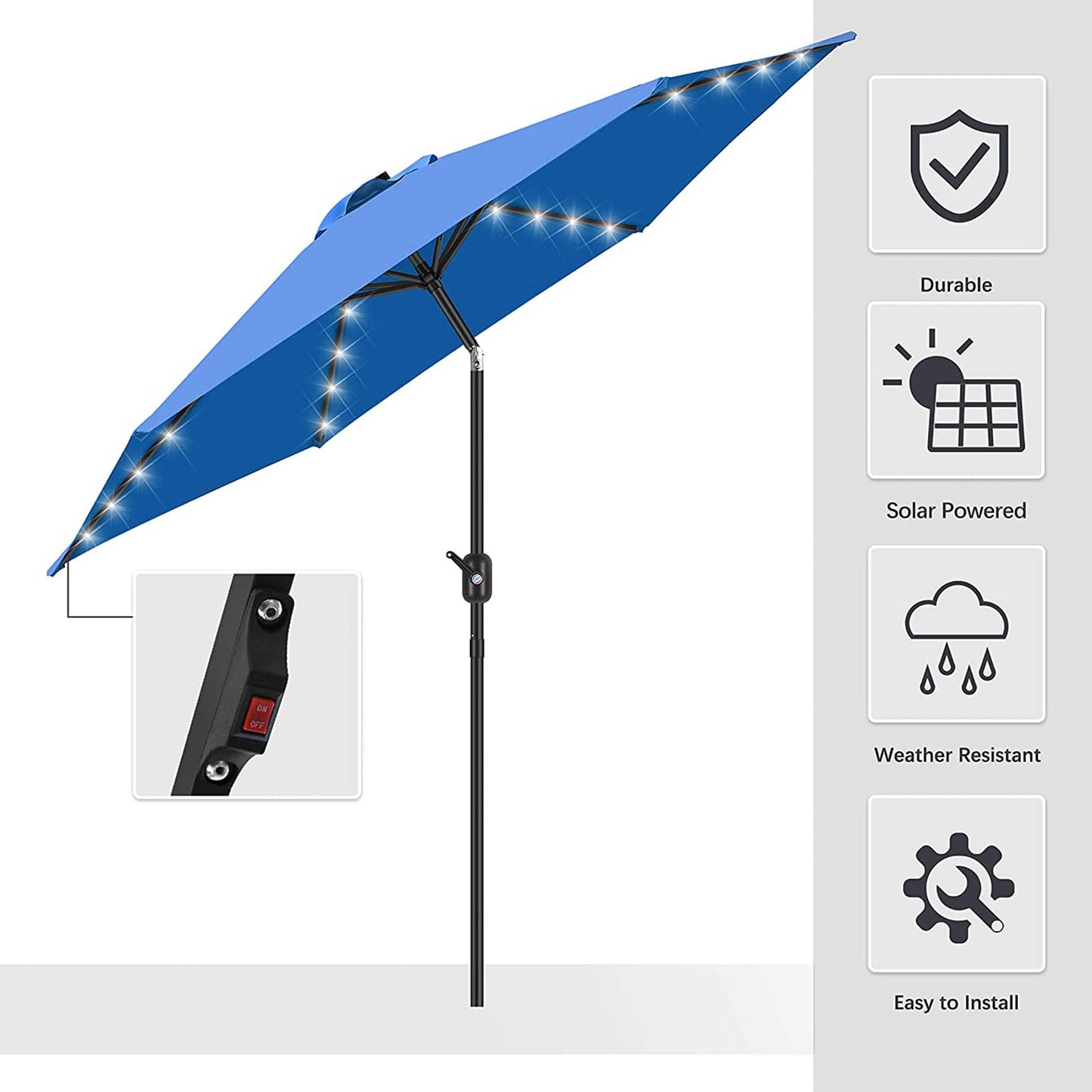 Solar LED Patio Outdoor Umbrella - OKSTENCK with 24LED Lights, Tilt and Crank Table Umbrellas for Garden, Deck, Backyard and Pool, 7.5FT, Ocean Blue