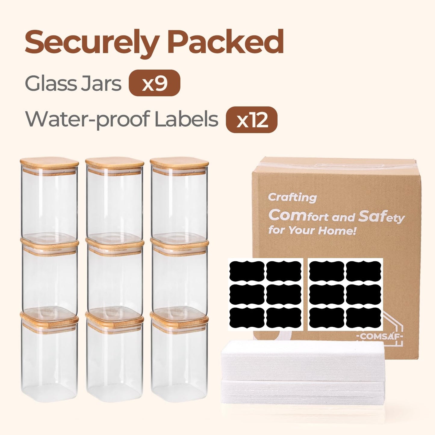 ComSaf 1.1L Glass Storage Containers with Lids, Glass Jars with Bamboo Lids, Clear Square Food Storage Jar Set of 9, Pantry Organizers and Storage for Flour Oat Pasta Tea Coffee Bean