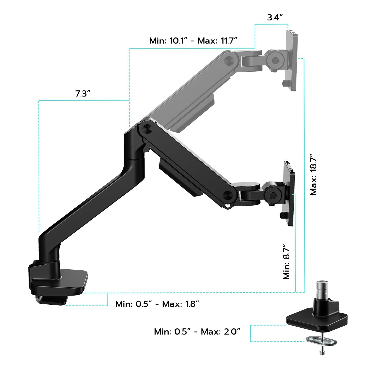 ARES WING Ultrawide Monitor Arm for 17 to 49 Inch Heavy Duty Curved Screen, Holds 44 Lbs, Adjustable Gas Spring Monitor Arm Desk Mount with C Clamp, Grommet Base, 75/100 Vesa Mount, Black