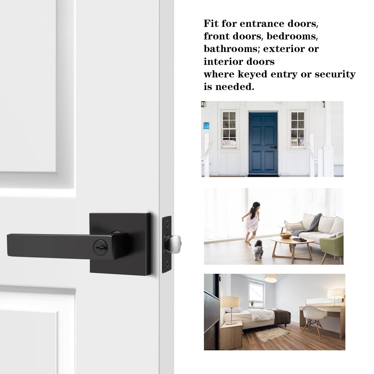 Probrico Matte Black Exterior Door Handle with Square Rosette, Keyed Alike Entry Door Lockset, Heavy Duty Reversible Door Lever for Left/Right Handed Door, 1 Pack
