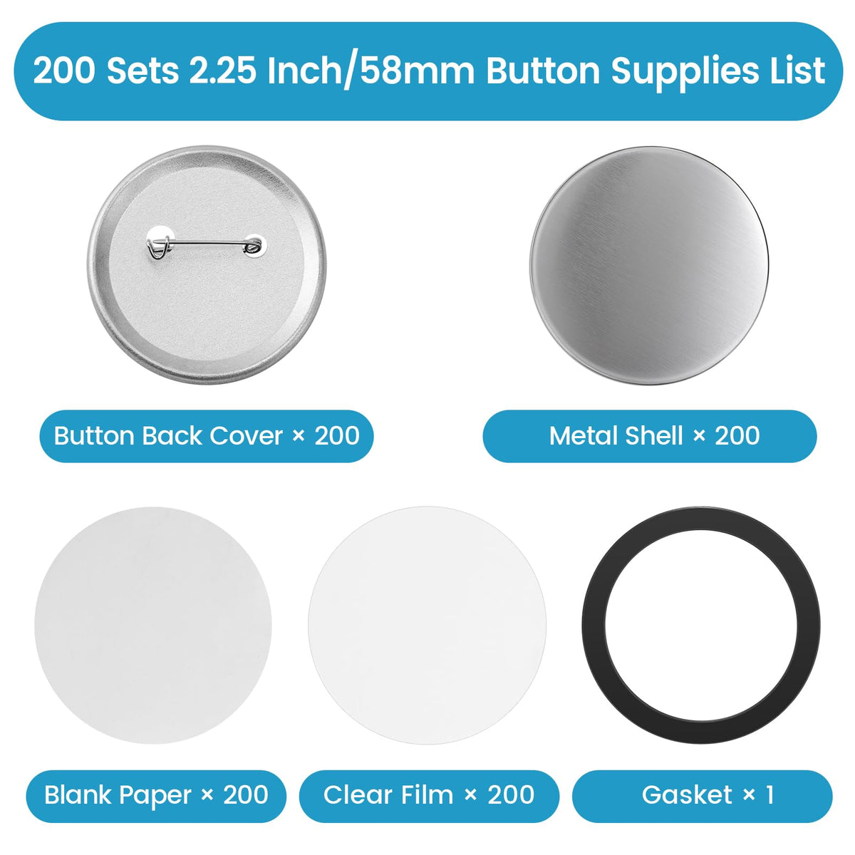 200 Sets Button Maker Supplies, 58mm/2.25 Inch Button Supplies Button Parts, for Button Maker Machine and Pin Maker, Including Metal Pin Back Cover, Metal