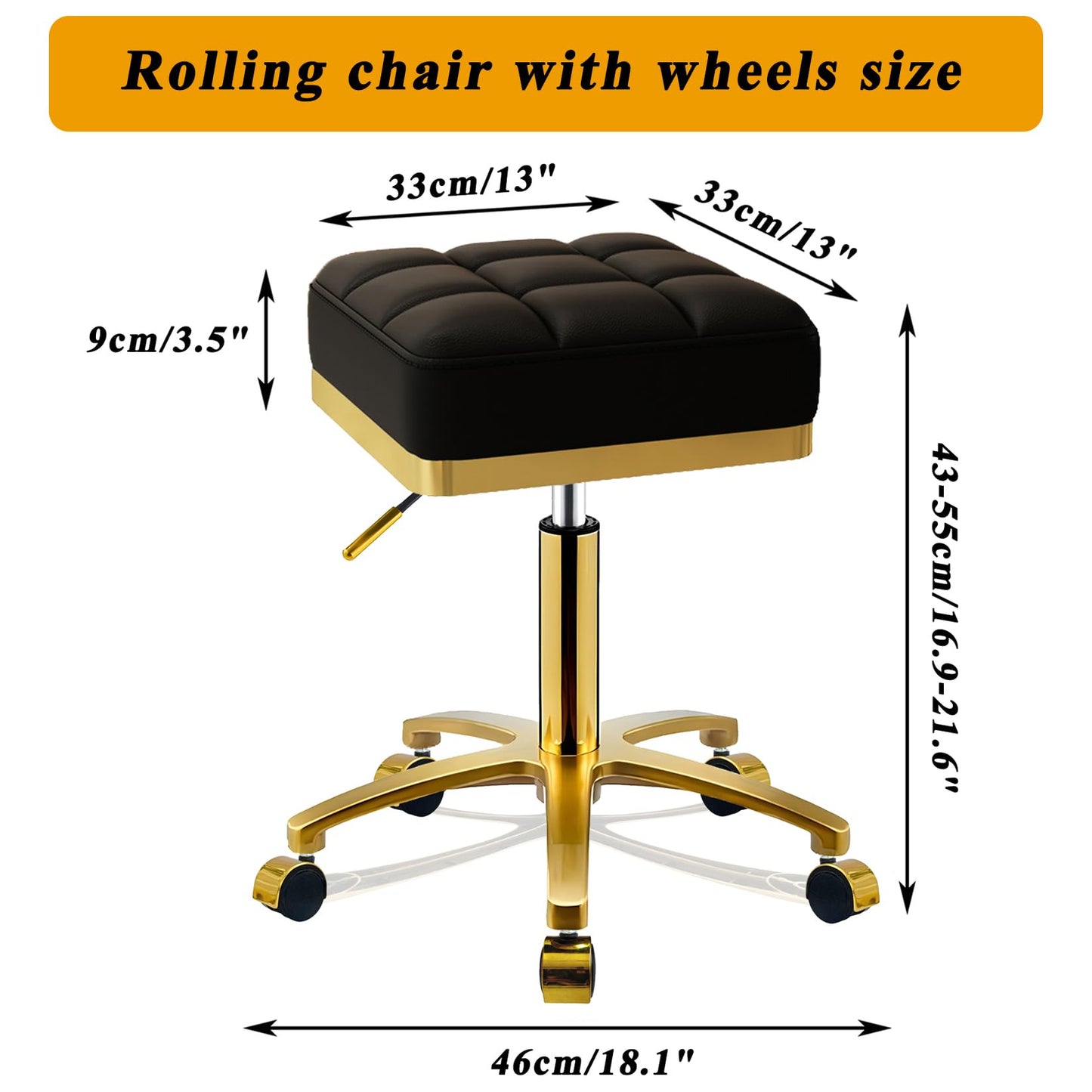 CQAEBK Square Rolling Stool Gold Adjustable Swivel Stools with Wheels, Vanity Lash Nail Salon Spa Roller Chair, Esthetician Massage Office Pedicure Stool, Heavy Duty Gold Plated Frame (Black)