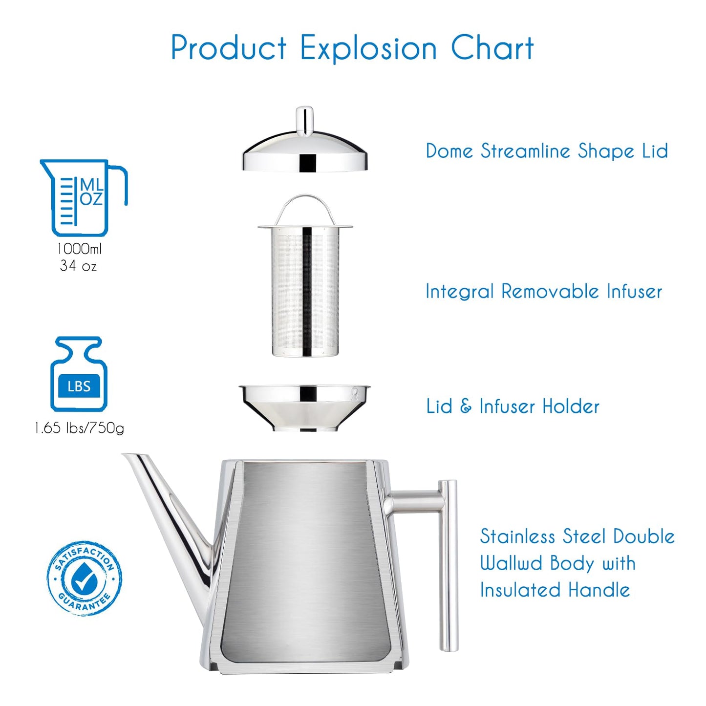 Easyworkz Stainless Steel Double Wall 34 oz (1000ml) Tea Pot with Removable Tea Infuser, Perfect for Brewing Your Favorite Tea, Chrome