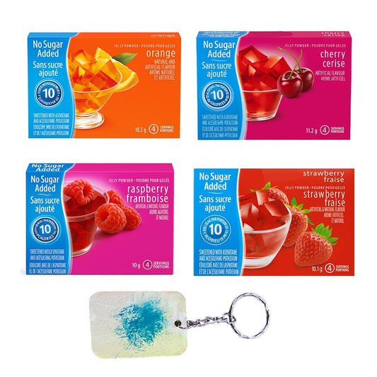 No Sugar Added Gelatin Mix 4-Pack – Strawberry, Orange, Cherry, Raspberry (41.5g Total) + PaLiSoL Keychain | Gélatine sans sucre – 4 saveurs + porte-clés PaLiSoL