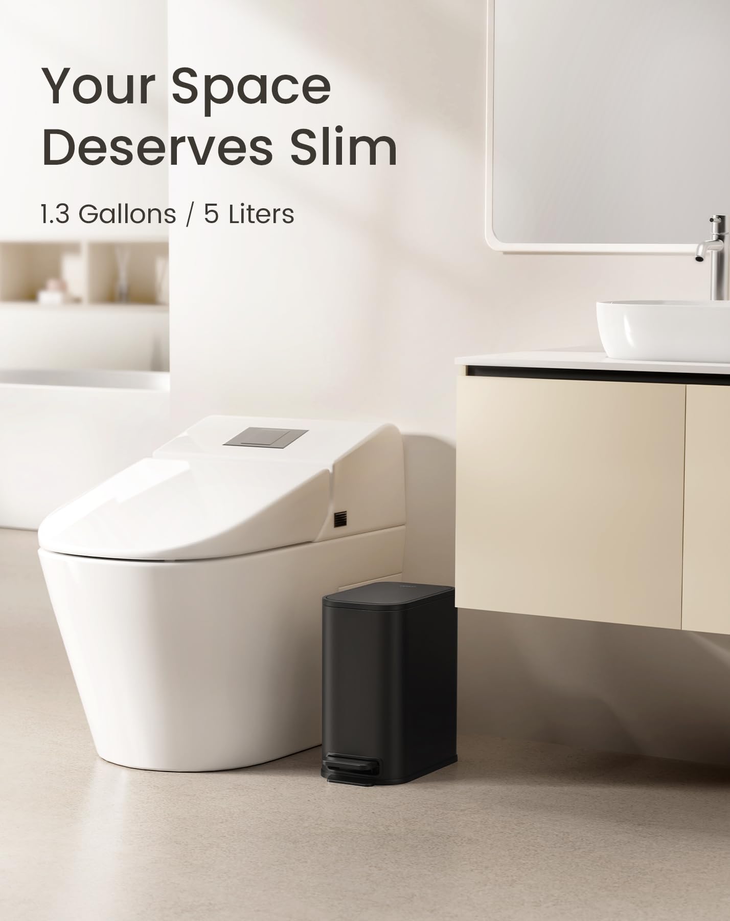 Cesun Black Bathroom Trash Can, 1.3 Gallon Small Garbage Can with Lid, Metal Slim Trash Bin with Foot Pedal, Waste Basket for Bathroom, Bedroom, Office, Matte Black, 5 Liters