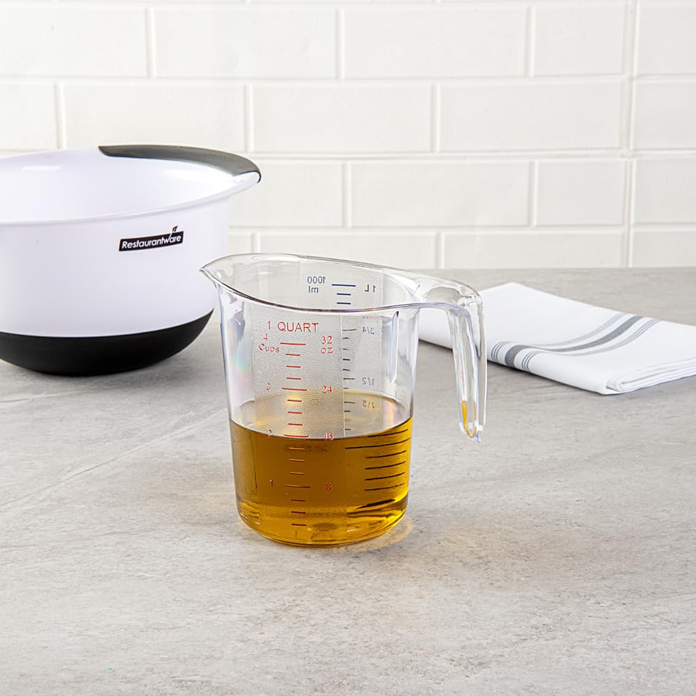 Restaurantware-Chef 101 1 Quart Measuring Jars, 10 Durable Measuring Beakers - Metric and Imperial Units, V-Shaped Spout, Clear Plastic Cups, Handle with Thumb-Grip, Tolerates Up to 248F