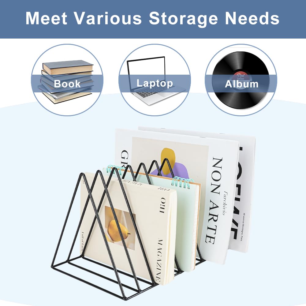 4Pcs Triangle File Holder, FHDUSRYO 9 Slot Black Magazine Holder, Metal Vinyl Record Storage Stand, Desktop File Organizer Magazine Rack, Bookshelf Organizer for Office Home, Letter Book(Black)