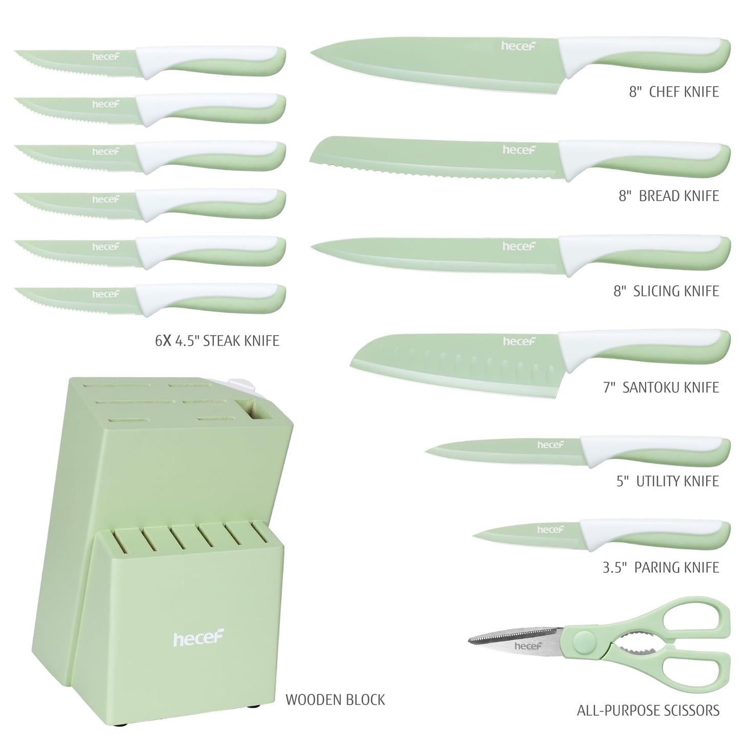 hecef 13 Pieces Kitchen Knife Set with Built-in Sharpening Wooden Block, High Carbon Stainless Steel Knife Block Set with Steak Knives, Kitchen Scissors (Green)