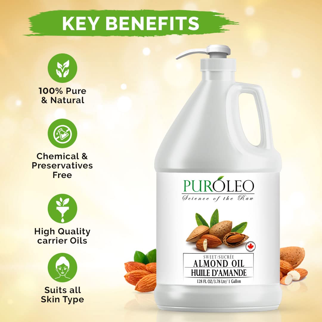 PUROLEO Sweet Almond Oil 128 Fl Oz/3784 ML (Packed In Canada) Pure Almond Oil for Skin, Hair, & Body | Organic Carrier Oil & Body Oils For Women | Almond Butter Hair Oil, Body Oil, Baby Oil, Massage Oil huiles essentielles Amande Douce Huile Massage