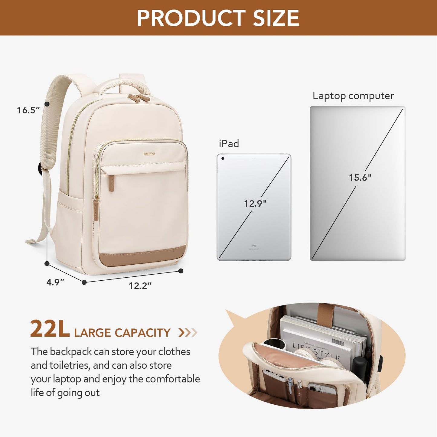MDODO Laptop Backpack for Women,Travel Backpack with Laptop Compartment,Casual Daypack College Bookbag Computer Work Backpack,15.6Inch, Beige