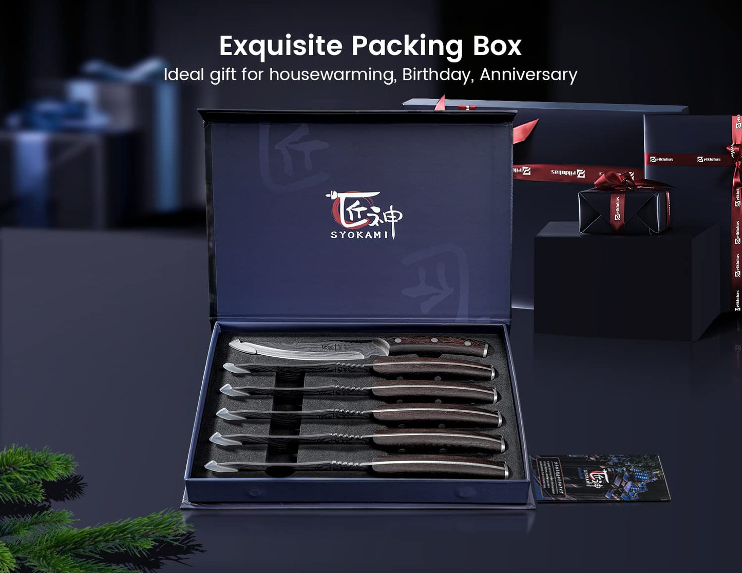 SYOKAMI Steak Knives Set of 6, 4.8 Inch High-Carbon Japanese Stainless Steel Non-Serrated Steak Knife with Wood Handle, Damascus Pattern Full Tang Design, Razor-Sharp Dinner Knives with Gift Box