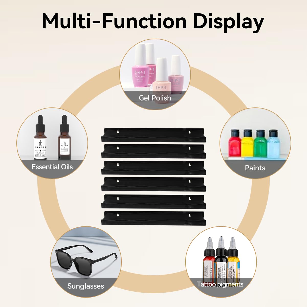 BTremary 15" Nail Polish Rack Wall Mounted Shelf Acrylic Paints Gel Polish Organizer and Storage with End Caps for Nail Techs, Art Lovers, Great Display Salons, Black