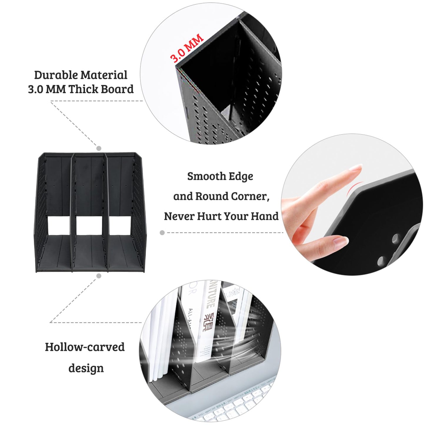 SAYEEC 2Pcs Collapsible Plastic Magazine File Holder Vertical Binder Storage Organizer for Desk Sturdy Upright Desktop Magazine Organizer Folder Rack for Office School Home (3 Compartments, Black)