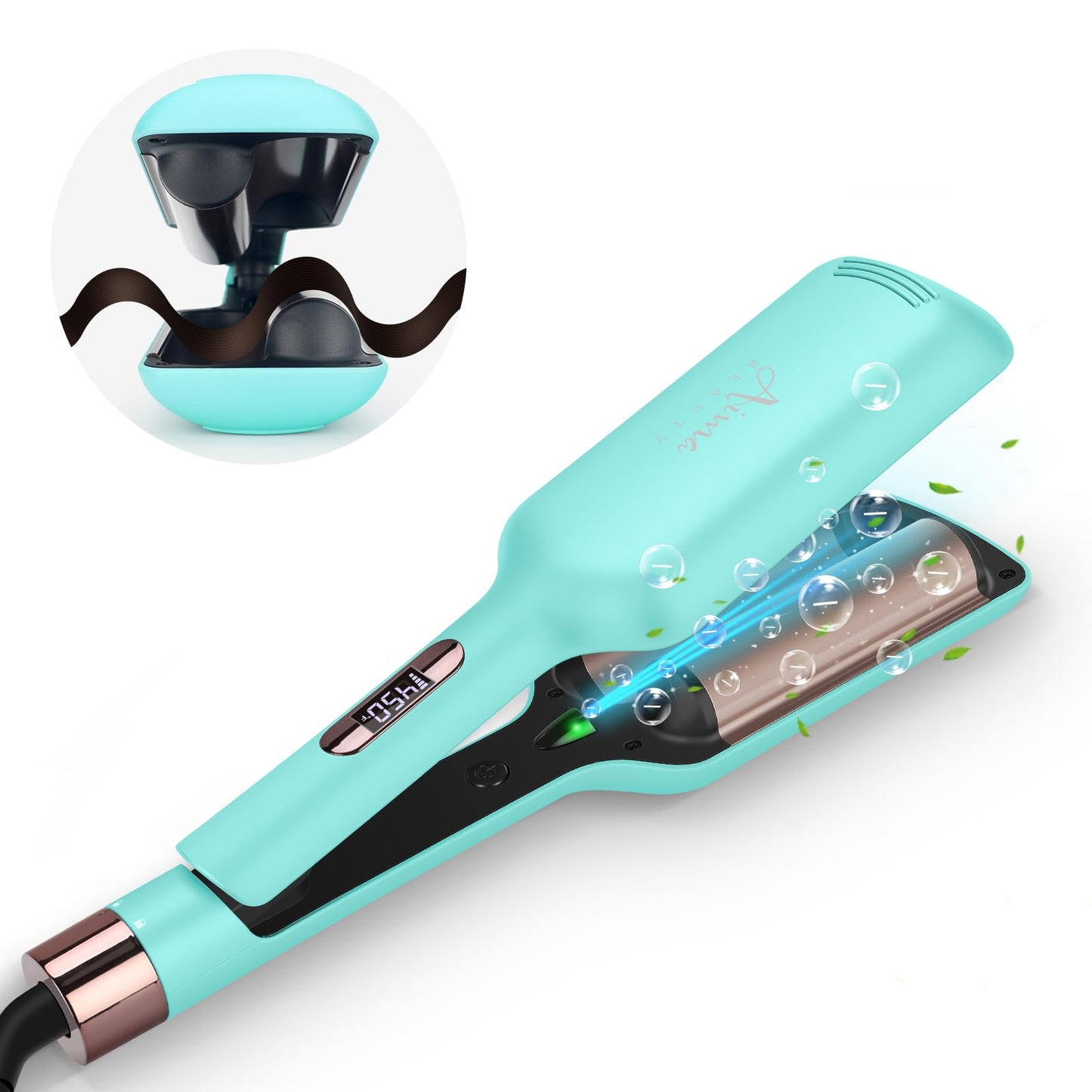 32mm (1.25") Aima Beauty Twins Mermaid Waves Hair Waver, Anti-Scald 2 Barrel Curling Iron, Hair Crimper, Ionic Care Wave Iron 15S Heats Up for Short/Medium/Long Hair Light Green