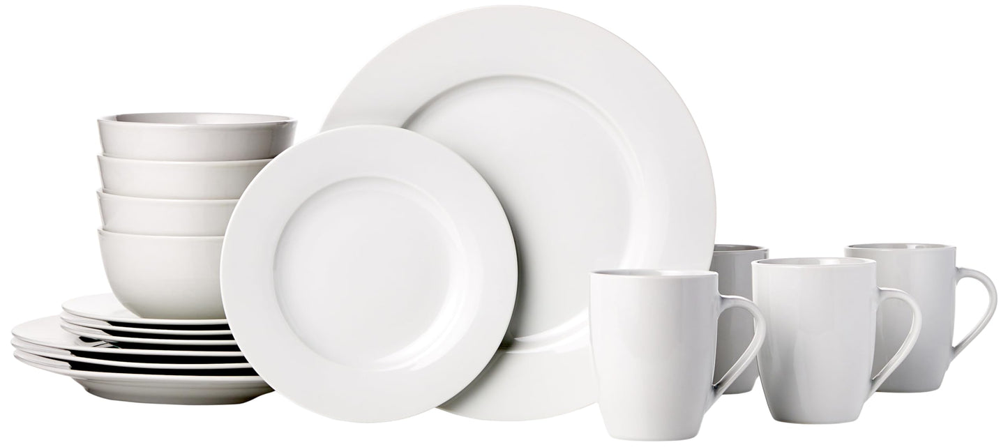 Amazon Basics 16-Piece Dinnerware Set, Plates, Bowls, Mugs, Service for 4, White