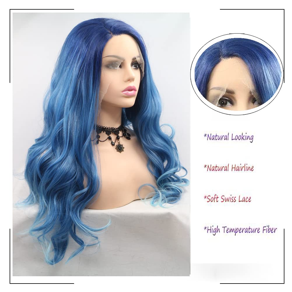 Angle Lucky Ombre Blue Wig for Women Long Curly Wavy Blue Omber Highlight White Free Part Wig Synthetic Pre plucked Lace Front Wig Heat Resistant Cosplay Halloween Mermaid Wigs 24 Inch