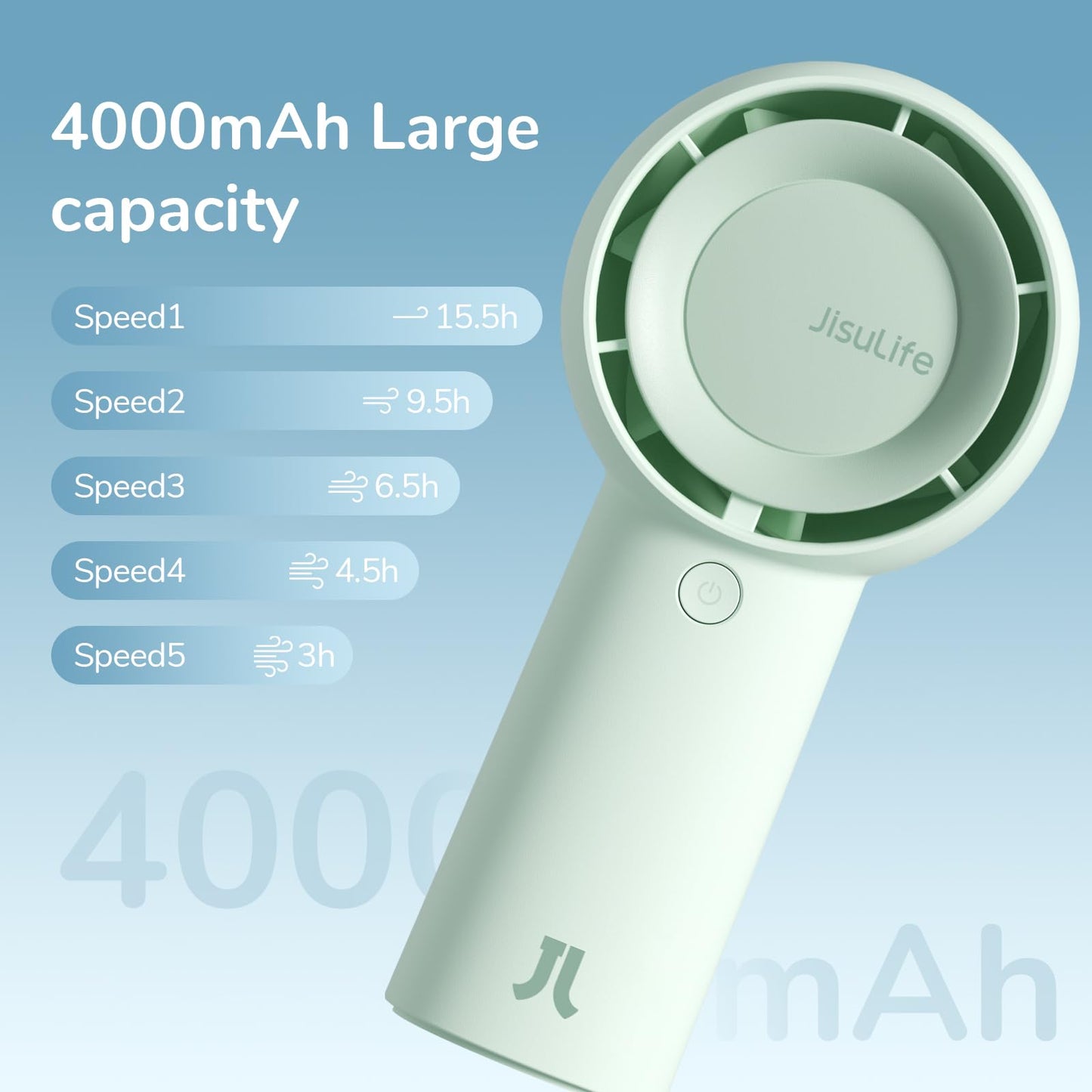 JISULIFE Handheld Turbo Fan [16H Max Cooling Time] Mini Portable Hand, 4000mAh USB Rechargeable Personal, Battery Operated Small Pocket Fan with 5 Speeds for Travel/Outdoor/Home/Office - Green
