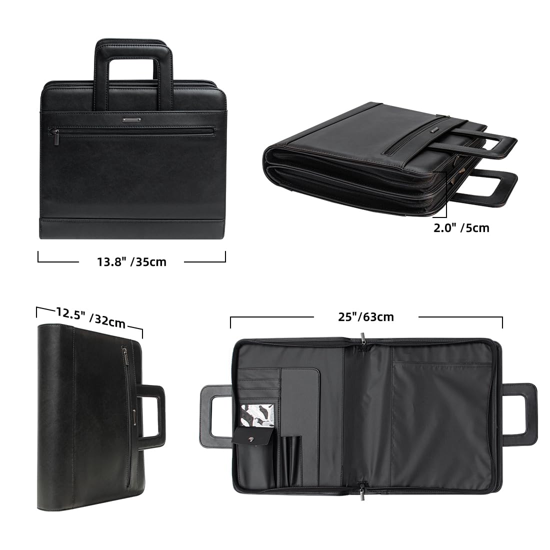 14" Laptop Briefcase, Vegan Leather Portfolio with Zipper Compartments x 2, A4 Papers Holder Padfolio Organizer, Black