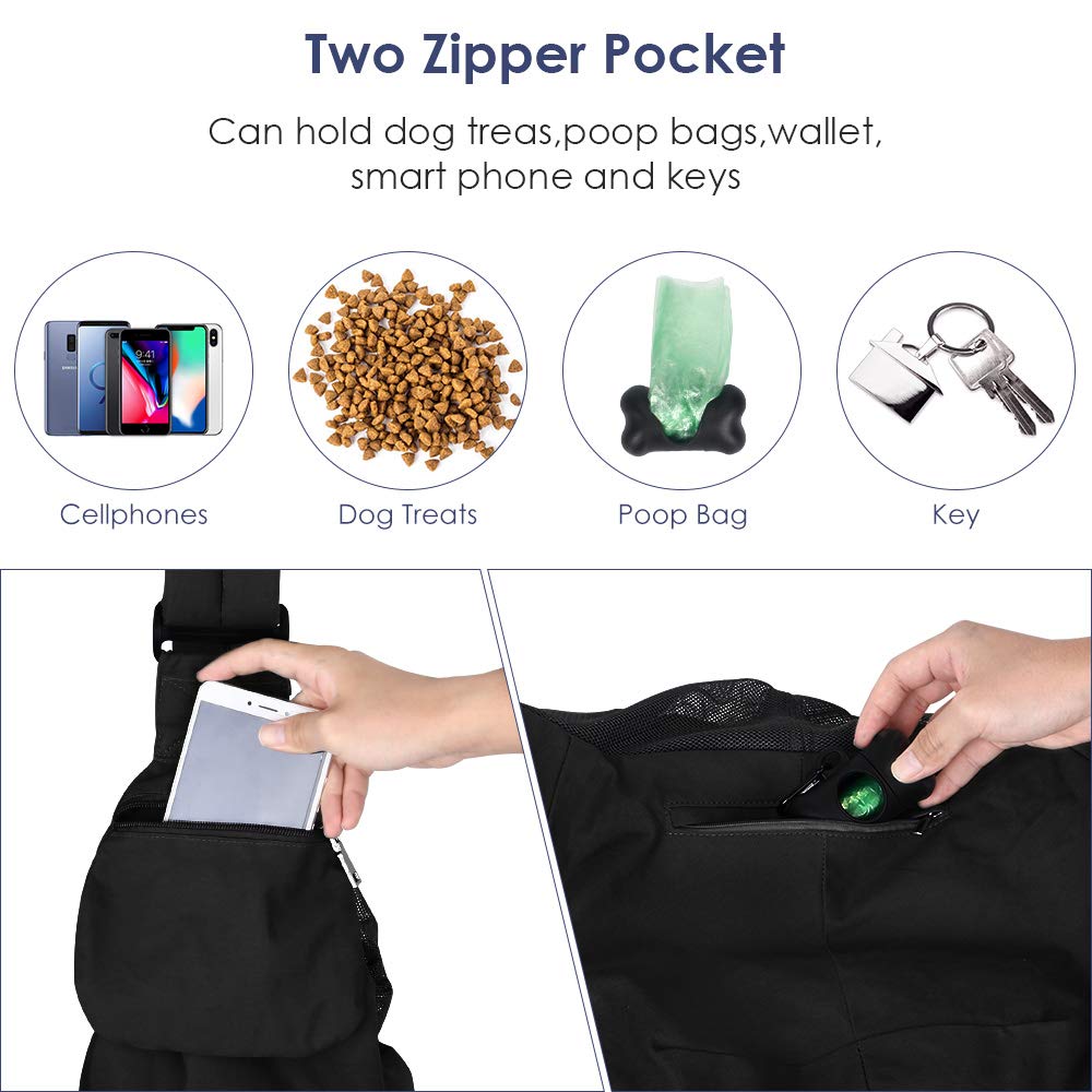 AUTOWT Dog Sling Carrier, Dog Sling with Bottom Supported Hand Free Pet Sling Adjustable Shoulder Strap and Bag Opening Front Zipper Pocket Safety Belt for Small Dogs Cat Daily Use (Black Water-Resistant)