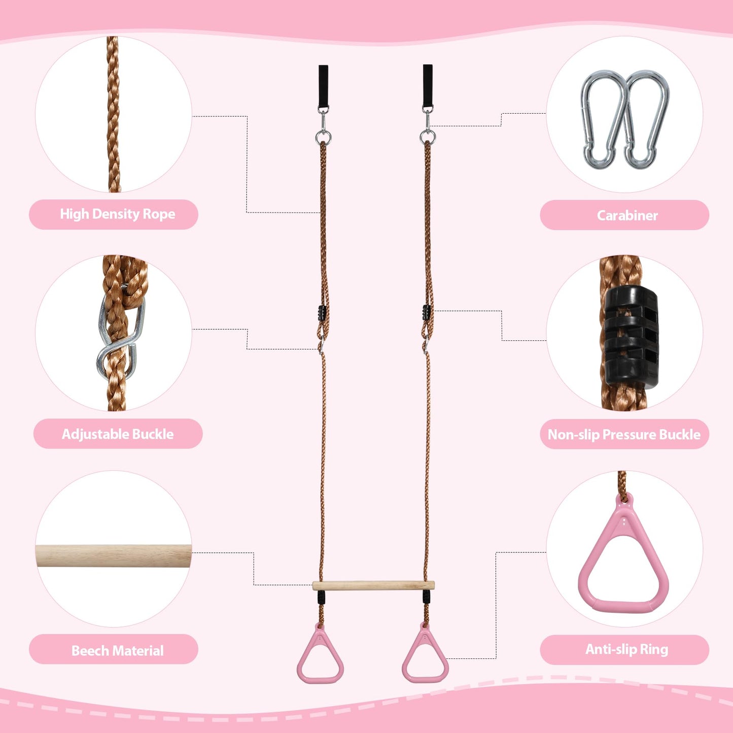 RedSwing Trapeze Swing Bar Rings, Trapeze Bar for Kids with Adjustable Rope, Locking Straps, Outdoor Swing Set Playground Accessories, Pink