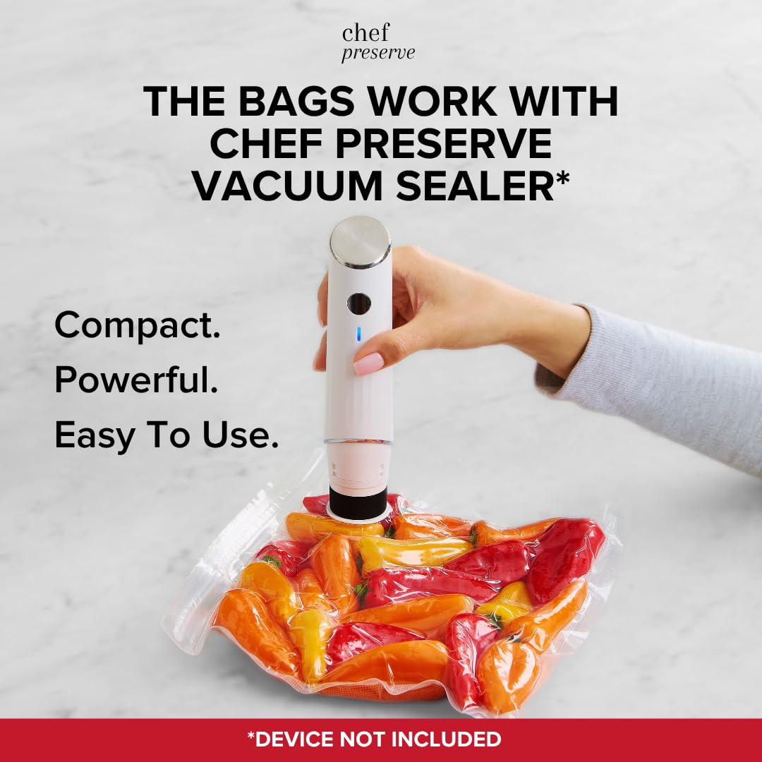 Chef Preserve Reusable Vacuum Sealer Bags for Food – 30 BPA-Free Large (12 x 13 in) Food Storage Bags, Freezer, Microwave – Odor-Resistant, Leak-Proof – Compatible with Chef Preserve Vacuum Sealers
