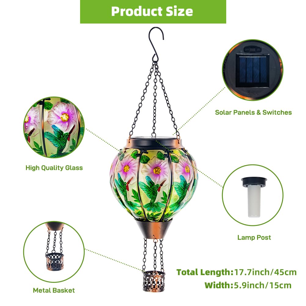 DREAMSOUL Hummingbird Hot Air Balloon Solar Lantern, Hanging Solar Hot Air Balloon Lantern with Flame for Patio Yard Gift Decor