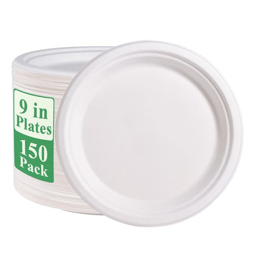 150 Pack Paper Plates, 9 Inch Disposable Plates Compostable Heavy Duty Plates Eco Friendly White Bagasse Plate Fibers Biodegradable for Events Crafts Projects Dry Foods General Use