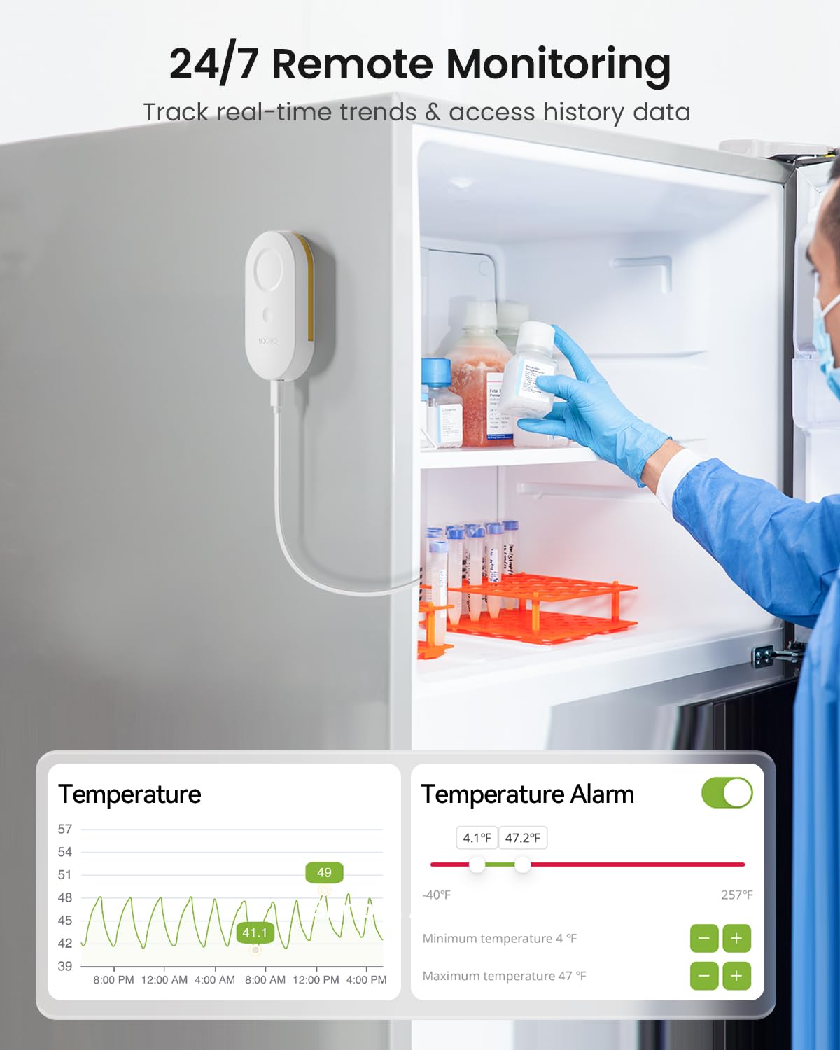 MOCREO WiFi Refrigerator Thermometer, Remote Email & App Alert, 2 Years Data Export, 1 Smart Temperature Sensors Frezzer Alarm with Digital Monitor Hub for Home, Kitchen, Fridge