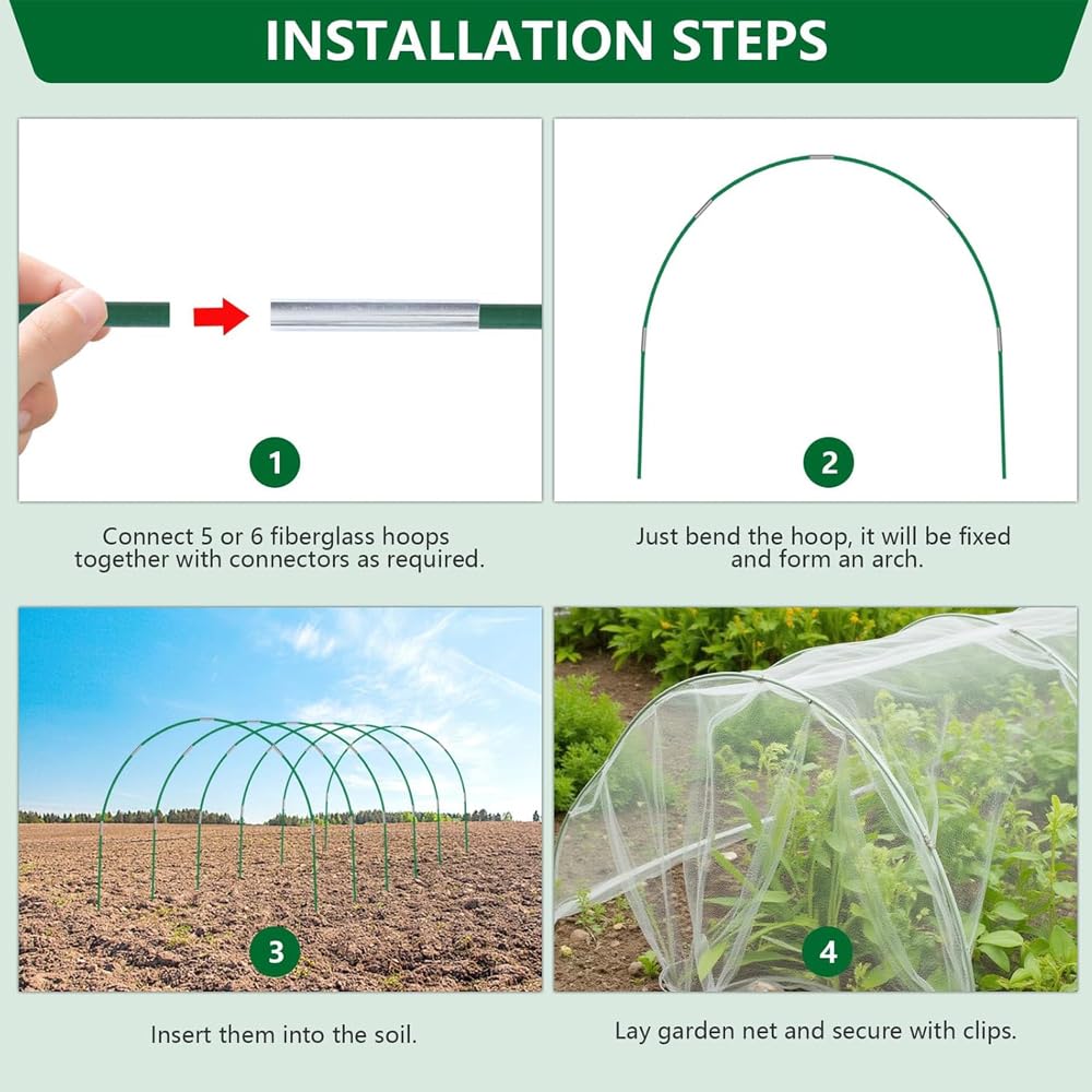 Garden Netting Kit for Raised Beds, 10x33FT Ultra Fine Mesh Netting with 6 Sets of Fiberglass Garden Hoops for Raised Beds, Vegetable Plants Fruits Flowers Birds Animals Barrier Protection Net