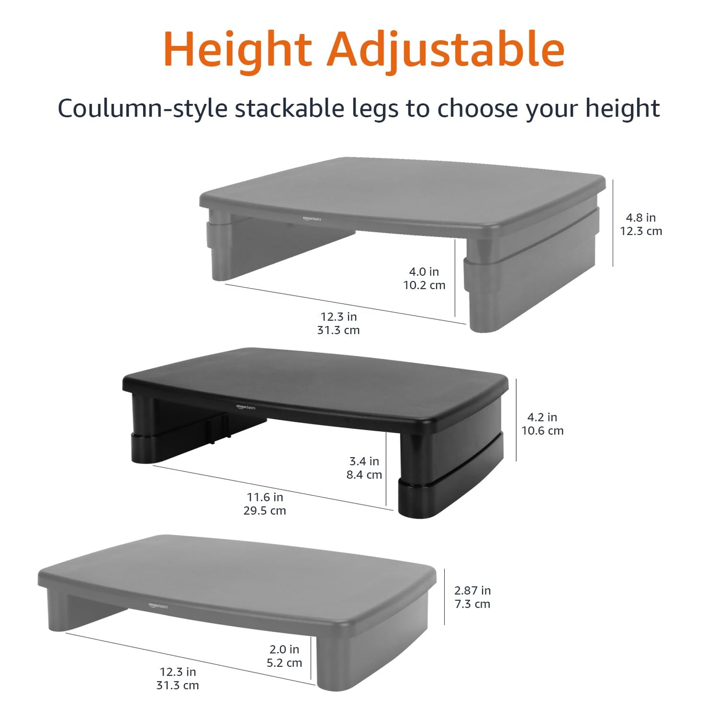 Amazon Basics Height Adjustable Monitor Stand Riser with Storage Organizer, 3-Level Stackable Design, Durable ABS Plastic, Supports up to 10kg , for Monitors & Laptops, Black
