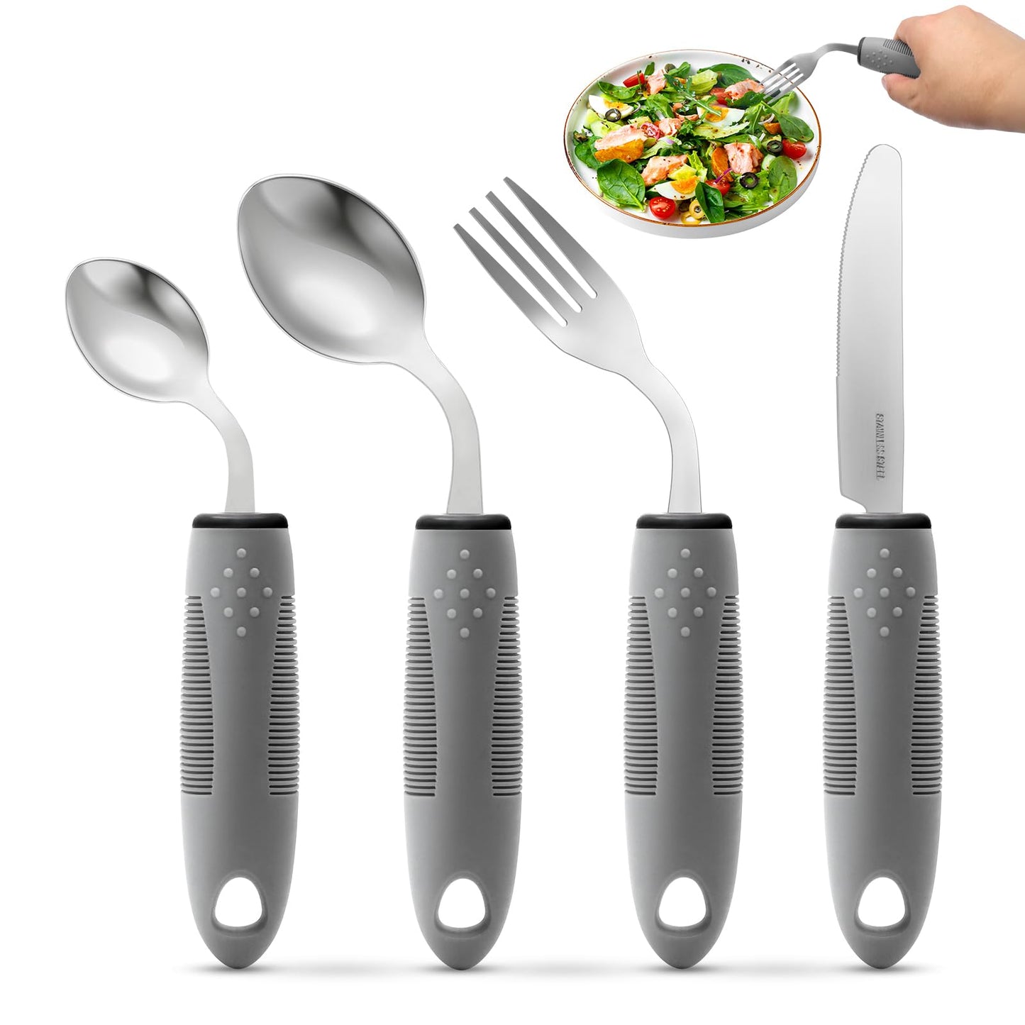 4-Piece Adaptive Utensils Set for Parkinson’s & Hand Tremors – 42° Angled, 2.5 oz Weighted Silverware – Easy-Grip Utensils for Seniors & Arthritis (Fork, Knife, Spoon)-(Right-Handed)