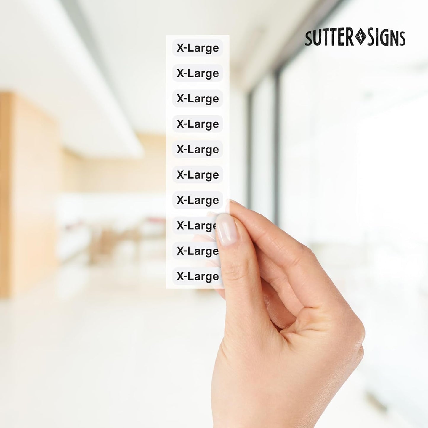 1500pcs Clothing Size Strip Labels Box Set, 1.25" x 5", 6 Rolls (XS, S, M, L, XL, XXL), 250/Roll, Clear Size Sticker Labels for Shirts, Pants, Accessories, Retail Clothing