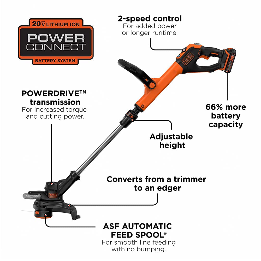 BLACK+DECKER 20V MAX Cordless String Trimmer with Power Drive Transmission, 2-Speed Control, Auto Feed, 12-Inch (LST522-CA)
