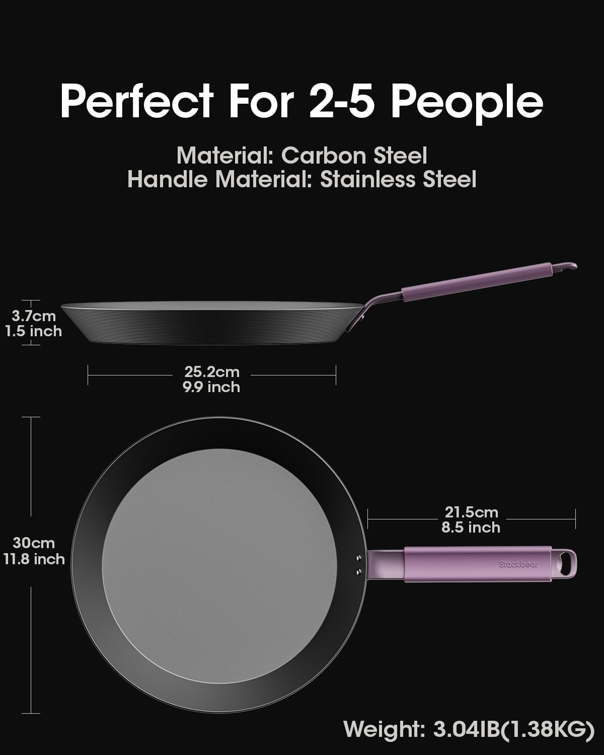 StackBear Carbon Steel Frying Pan 12 Inch, NitrOx™ Nitrided Steel Skillet, Preseasoned Rust Resistant Large Cooking Pan with Ergonomic Handle & Removable Silicone Grip, Induction & Oven Safe