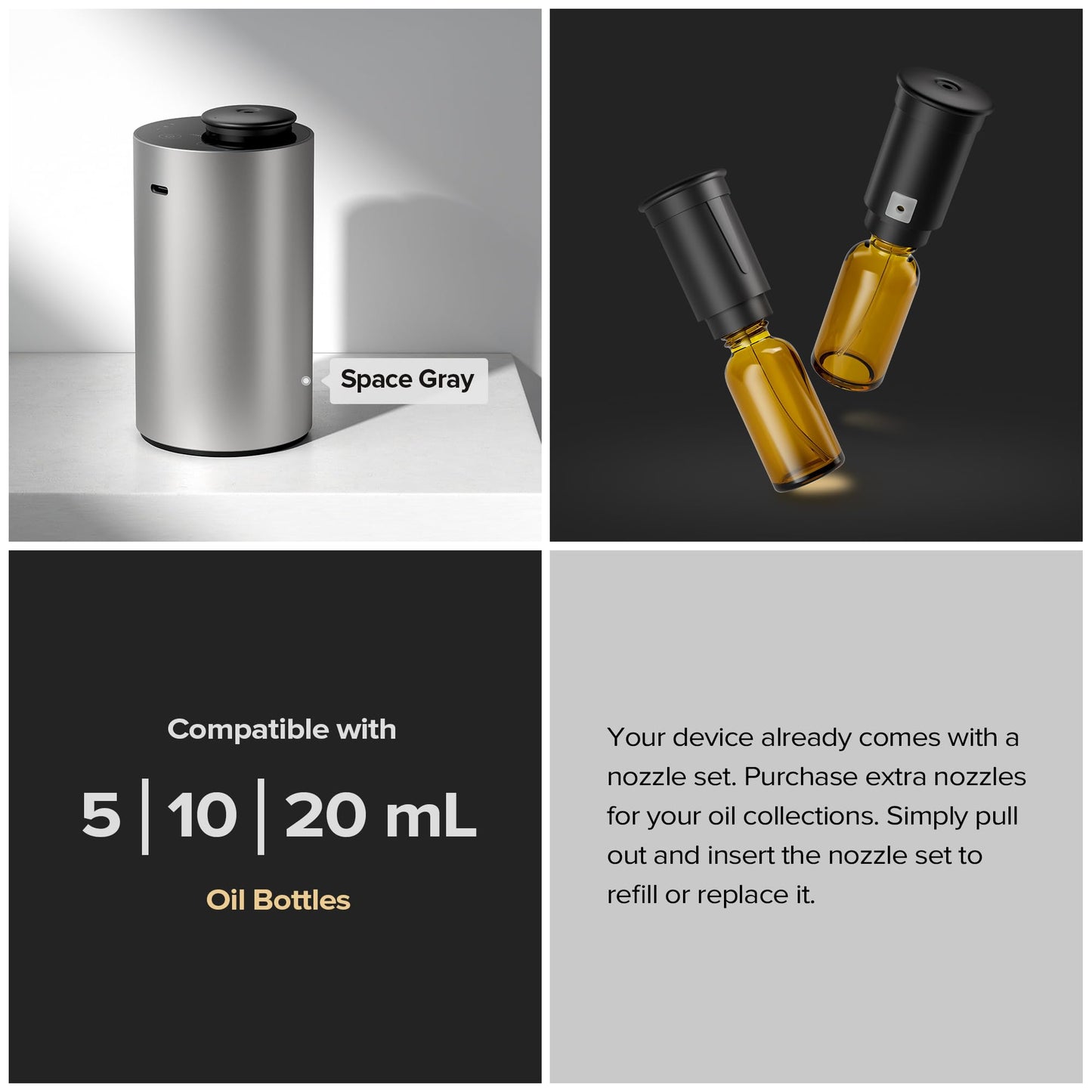 Airversa Metal Housing Waterless Diffuser for Essential Oils, Rechargeable Battery Operated, Cordless Mini Scent Air Diffuser, 1/3/6h Timer, L/M/H Mist Levels for Home Room Car Office, ANX Black