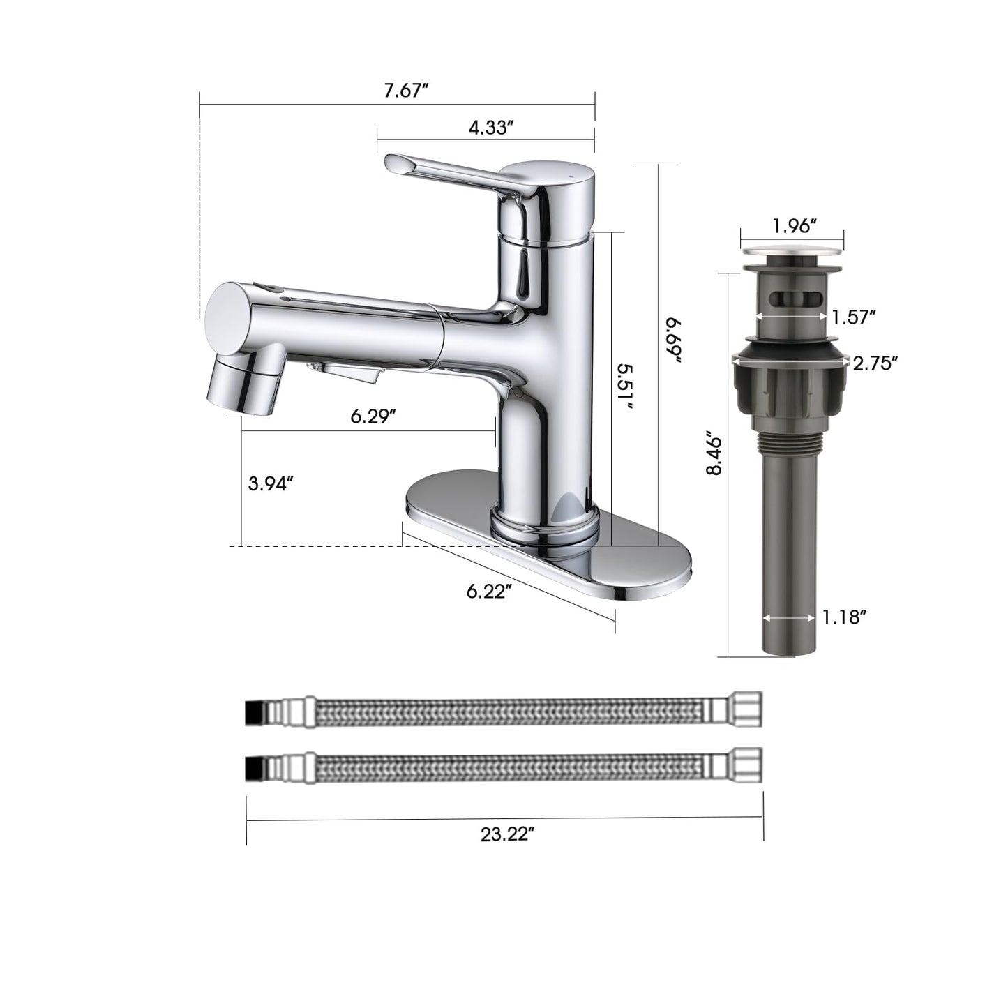 Besfelos Bathroom Sink Faucet with Pull Out Sprayer, Single Handle Modern Bathroom Basin Faucet with Pop-up Sink Drain Stopper & Deck Plate 1 or 4-inch Centerset 3 Hole, Chrome