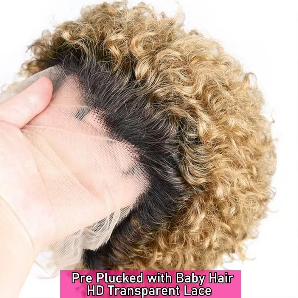 Fereowth Ombre Short Curly Lace Front Wigs Human Hair Wig for Women Brown 1B/27 Pixie Cut Wigs Human Hair Short Curly Human Hair Wig Pre Plucked with Baby Hair 150% Density