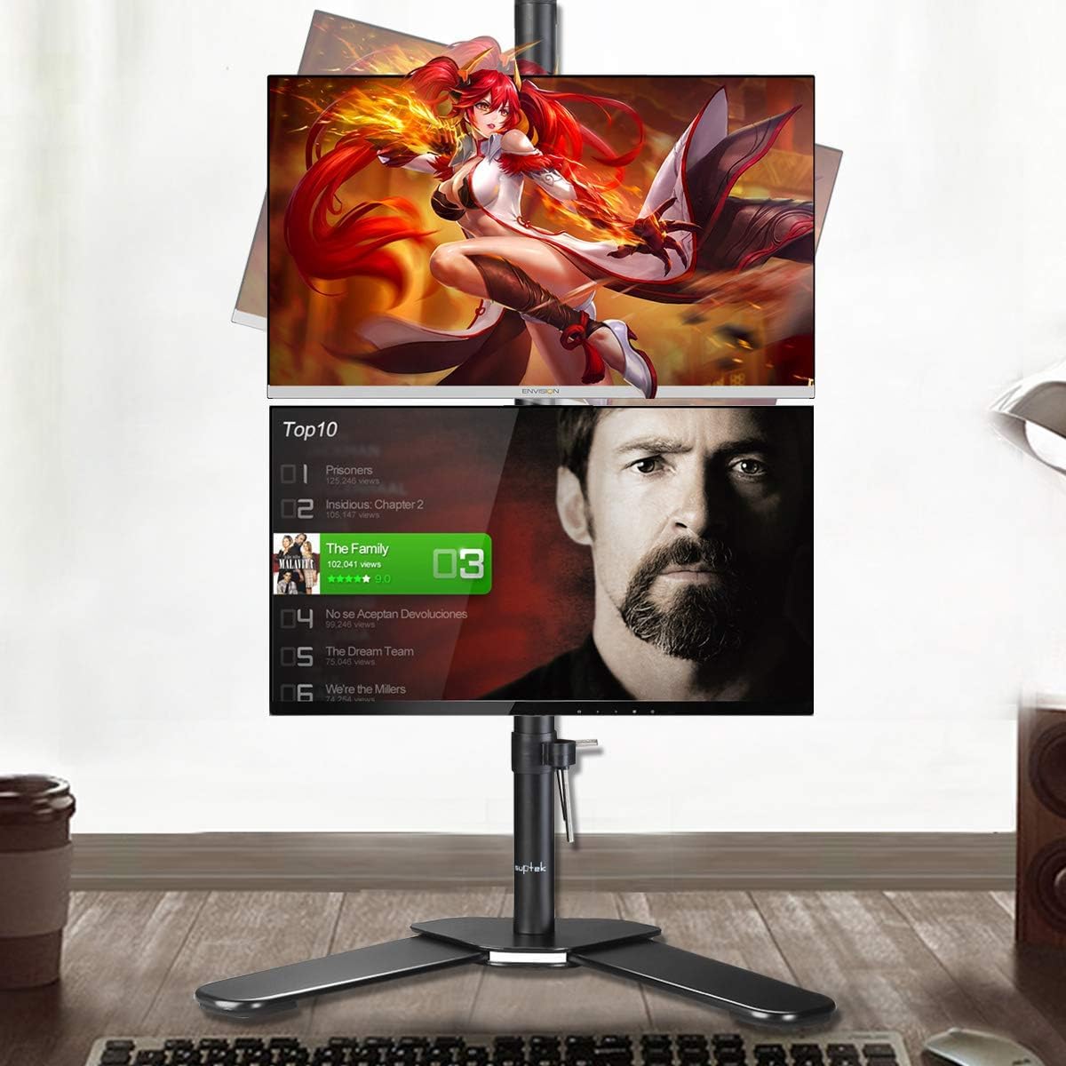 Suptek Dual LED LCD Monitor Stand up Free-Standing Desk Mount for 2 / Two Screens up to 27 inch Extra Tall 31.5 inch Pole Heavy Duty Fully Adjustable Stand Vertical Array (ML6802)