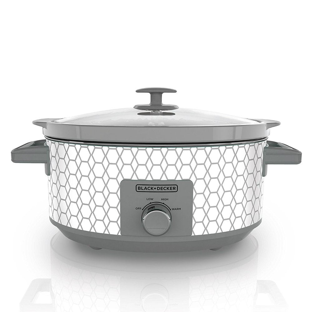 BLACK+DECKER Slow Cooker, 7 Quart (8+ Servings), Dishwasher Safe, Geometric Pattern, White, SC1007D