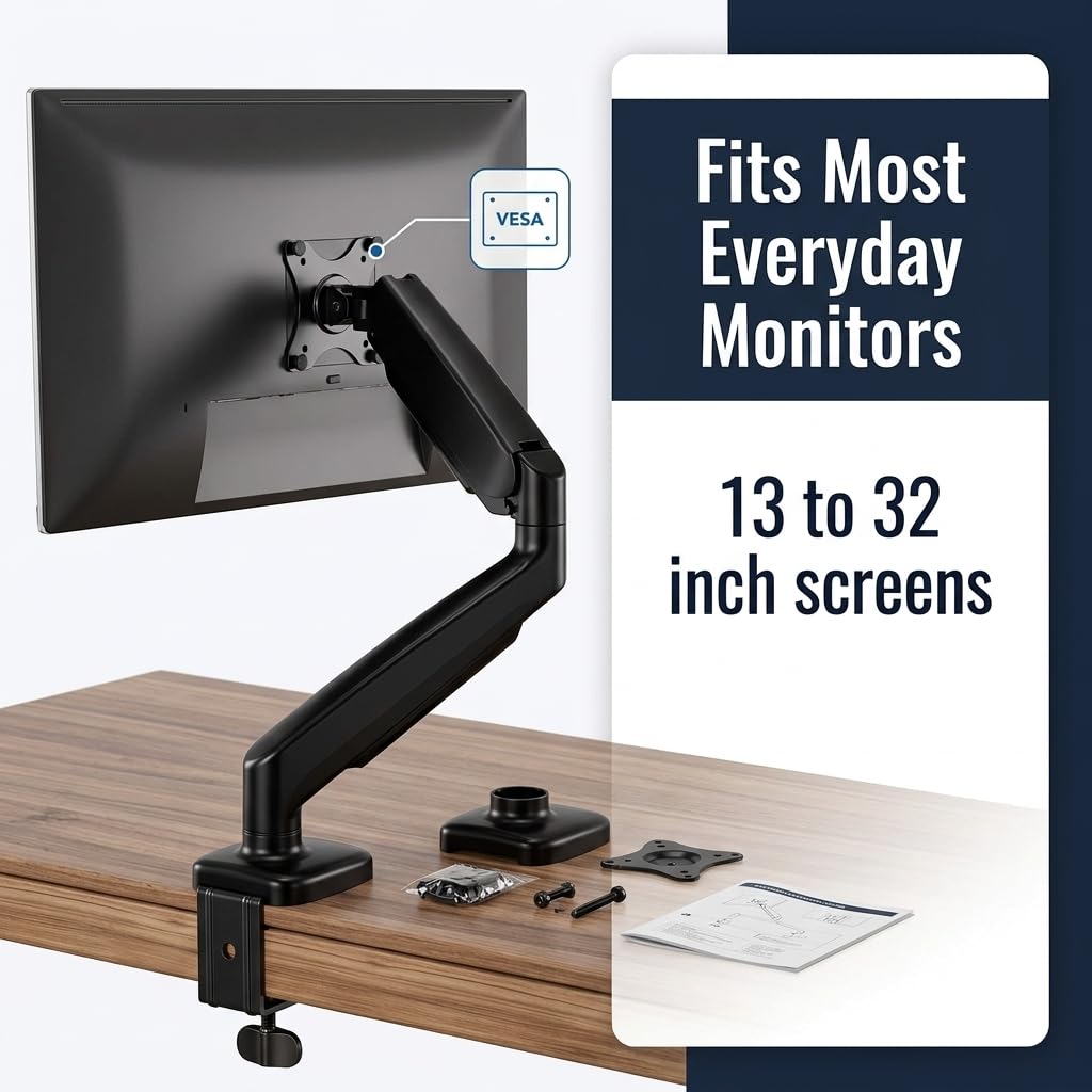 Mount-It! Monitor Arm – Single Monitor Desk Mount, Articulating Gas Spring Arm, Fully Adjustable 13"-32" Screens, VESA 75x75 100x100, Clamp & Grommet Base, Holds 17.6 lbs